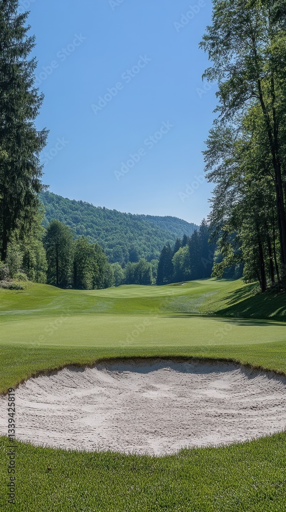 Obraz premium Serene golf course landscape with lush green grass and a sand bunker under a clear blue sky offering a tranquil scene