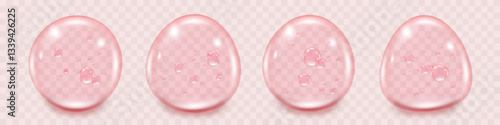Set of realistic serum, collagen bubbles vector illustration. Different forms hyaluronic acid drops on transparent background