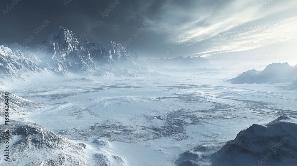 Fototapeta premium A frozen tundra landscape bathed in the glow of the aurora borealis, with icy peaks and endless snowfields stretching into the distance
