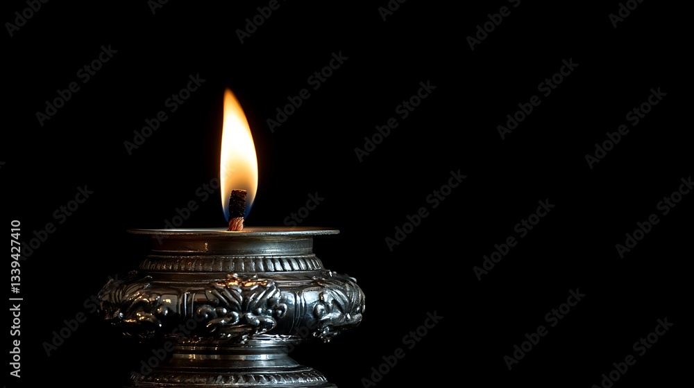 Fototapeta premium Ornate Silver Oil Lamp with Burning Flame on Black Background