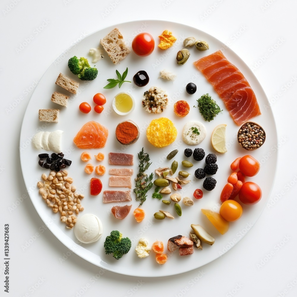 A diverse circular arrangement of various food items on a plate A diverse circular arrangement of various food items on a plate