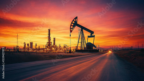 Oil pumps extracting crude oil at sunset, with a refinery in the background and a road in the foreground, creating a dramatic industrial scene
