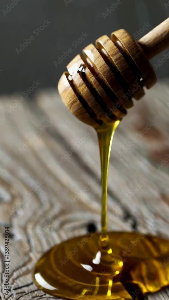 Golden honey drizzling from honey dipper onto rustic wooden surface Golden honey drizzling from honey dipper onto rustic wooden surface