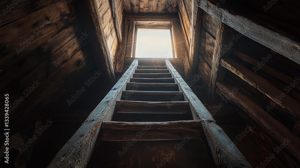 Fototapeta premium Old wooden ladder stretches upwards towards a bright opening, offering a path to freedom and hope within a dark, confined space