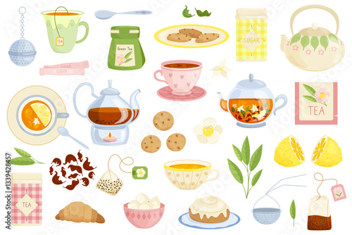 Large set of tea party items, tea utensils, tea accessories. sweets on white background. Vector illustration in flat style.