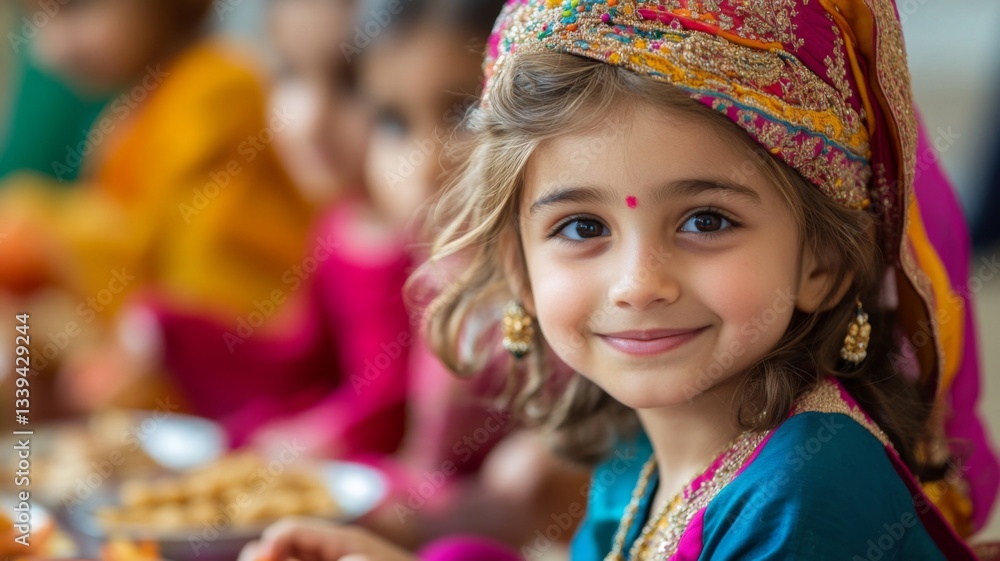 Fototapeta premium Young Girl Wearing Vibrant Traditional Clothing Smiles