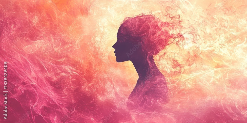 The silhouette of a woman amid swirling colorful ethereal smoke The silhouette of a woman amid swirling colorful ethereal smoke