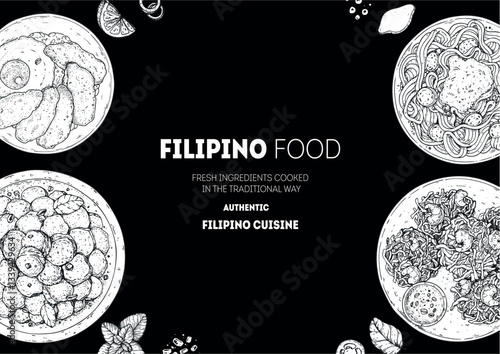 Filipino food top view vector illustration. Food menu design template. Hand drawn sketch. Filipino food menu. Vintage style.
