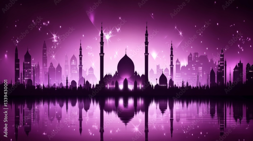 Fototapeta premium Night Cityscape of Middle Eastern City with Fireworks and Water Reflection
