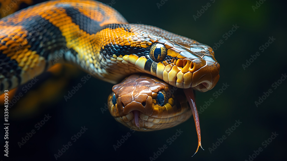 Obraz premium Two vibrant snakes entwined in a natural setting, showcasing their intricate patterns and colors