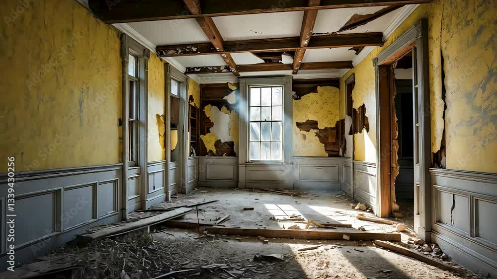 Abandoned interior of old house with broken walls, damaged ceiling, decay and deterioration

