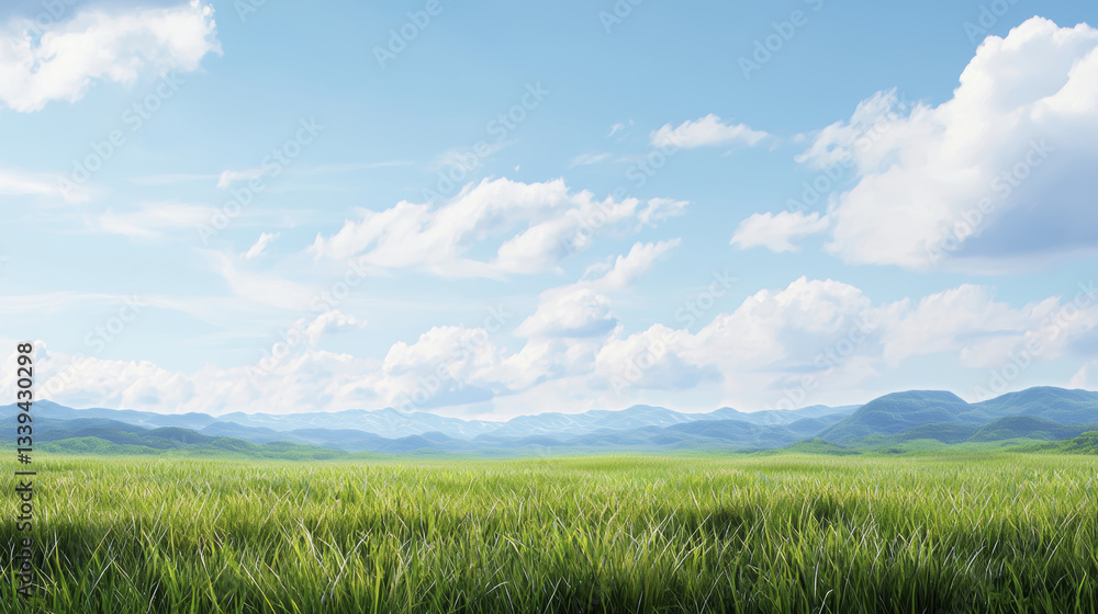 Naklejka premium serene landscape featuring lush green grass under bright blue sky with fluffy clouds and distant mountains, evoking tranquility and peace