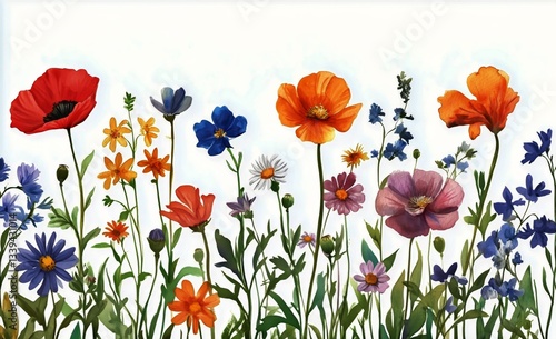 Watercolor Meadow Flowers in Bloom Create a Colorful Field Against a White Ba...