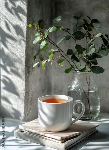Morning Sunlight Illuminates Coffee, Books, and Vase With Plant