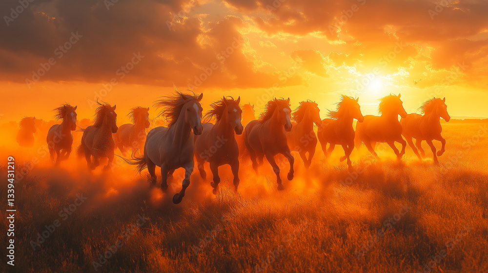 Fototapeta premium A group of wild horses runs energetically across a field during sunset. The sky is filled with vibrant colors as the sun sets, creating a captivating atmosphere