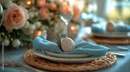 Easter Table Setting With Floral Arrangement and Painted Egg Centerpiece