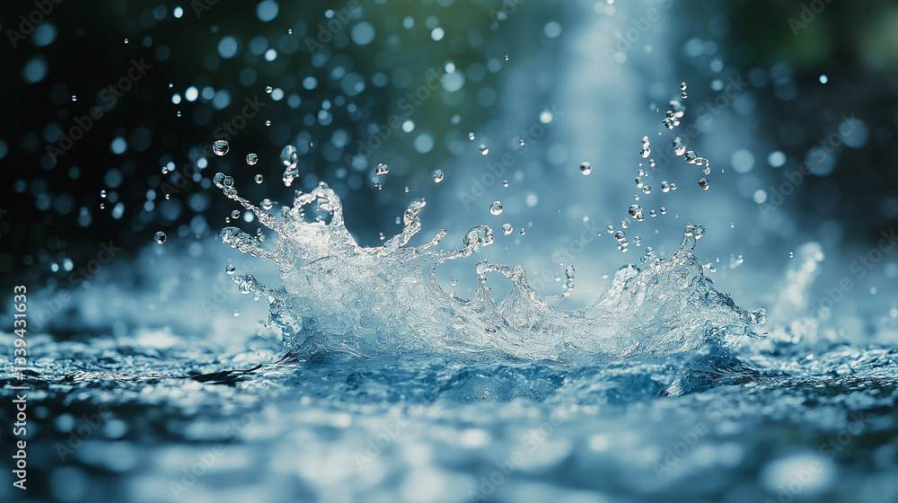 Water droplets collide with a surface, forming dynamic splashes as a gentle rain falls in a tranquil outdoor space under soft morning light Water droplets collide with a surface, forming dynamic splashes as a gentle rain falls in a tranquil outdoor space under soft morning light