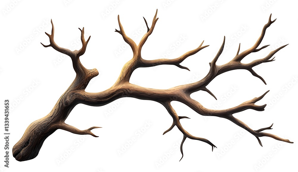 Fototapeta premium Isolated dead branch, lying, white background, nature backdrop, art graphic element