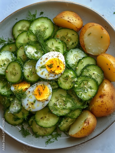 Delicious Cucumber Salad With Boiled Eggs and Small Potatoes in a Bowl for Meal