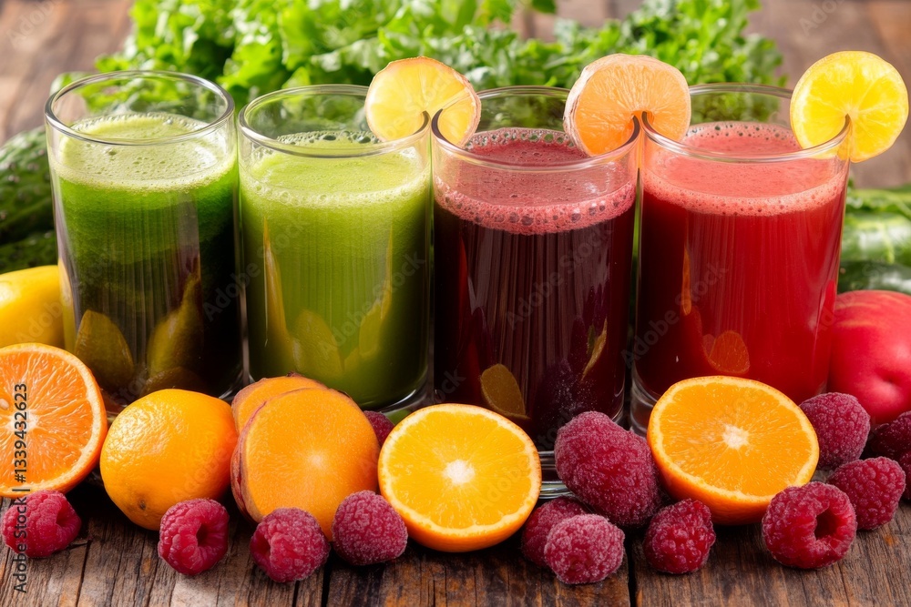 Fresh Cold Pressed Juices in Glasses with Fruits and Vegetables Fresh Cold Pressed Juices in Glasses with Fruits and Vegetables