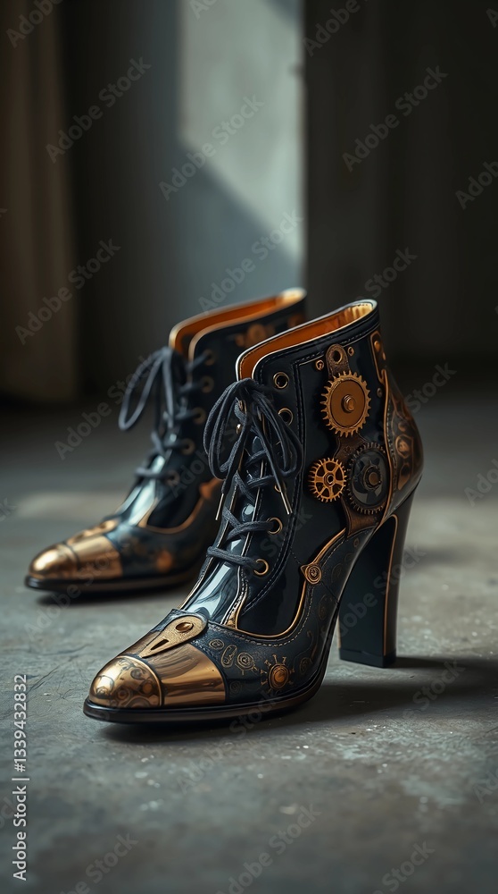 Futuristic Avant-Garde Shoes with Steampunk and Kintsugi Elements in High-Fashion Studio Futuristic Avant-Garde Shoes with Steampunk and Kintsugi Elements in High-Fashion Studio