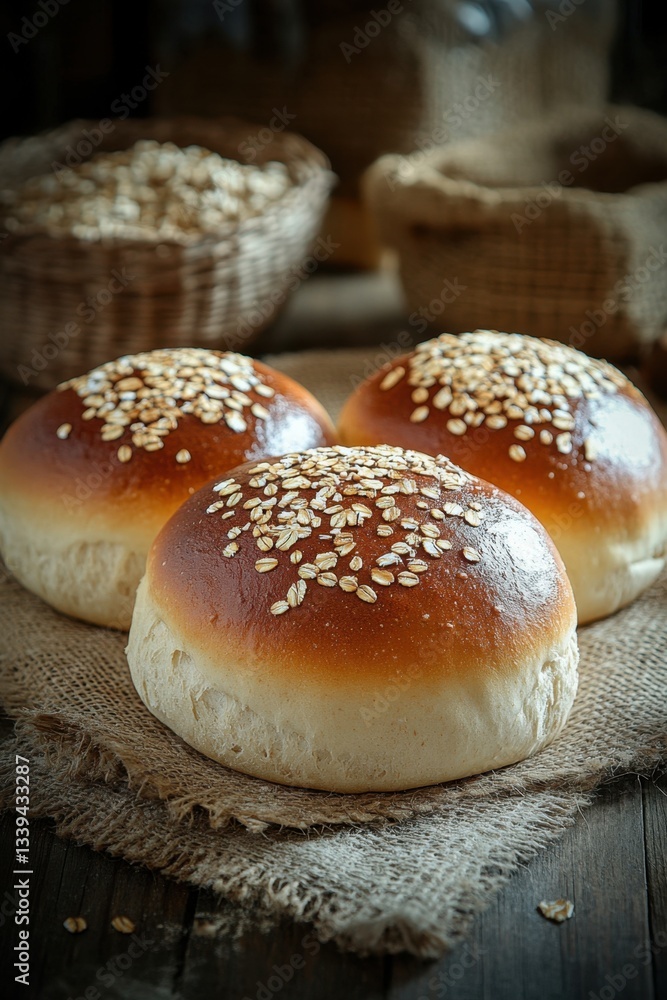 Rustic Still Life of Freshly Baked Oat Buns on Burlap with Wicker Baskets in Soft Natural Light a Culinary Delight Rustic Still Life of Freshly Baked Oat Buns on Burlap with Wicker Baskets in Soft Natural Light a Culinary Delight