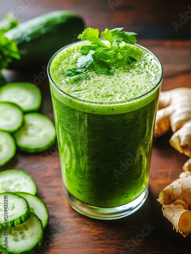 Glass of Green Smoothie With Cucumber, Ginger and Cilantro on Wood Surface