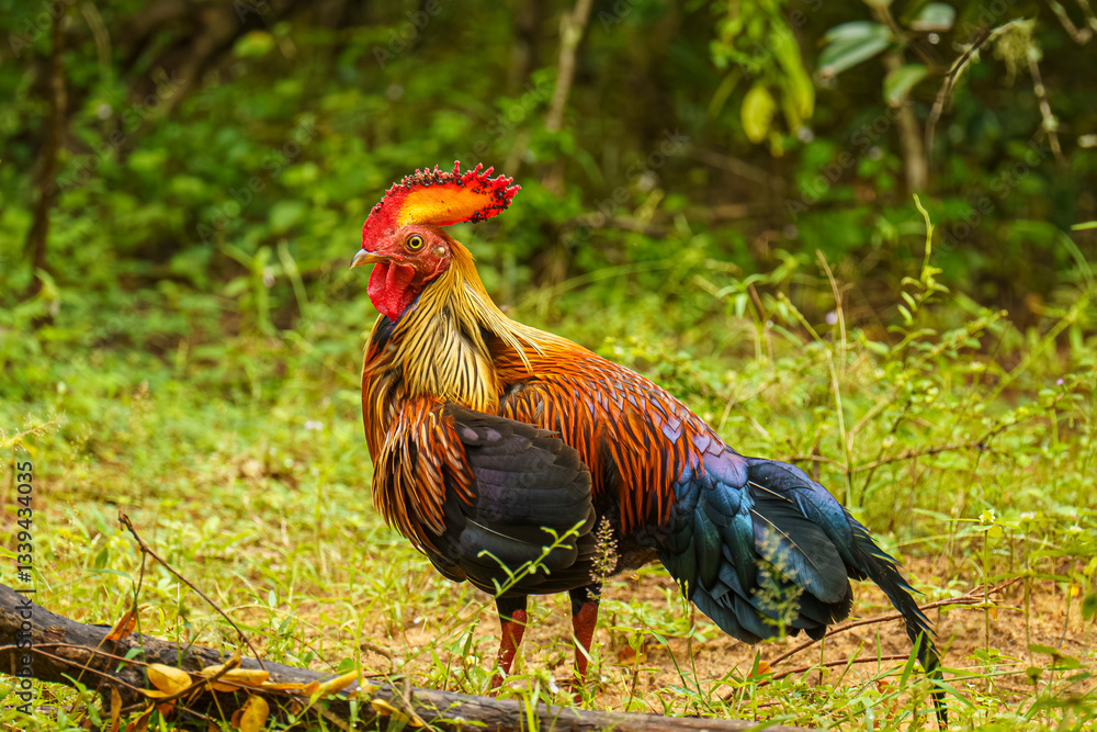 Sri Lankan junglefowl (Gallus lafayettii), the national bird of Sri Lanka, standing in the wild at Yala National Park, South Coast. Its vibrant plumage and striking comb make it a unique species