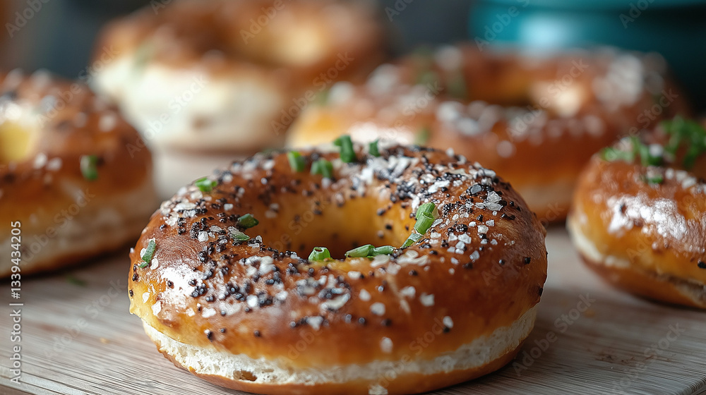 Warm, freshly baked bagels are arranged on a wooden surface, each adorned with various seeds and herbs. They invite the viewer to enjoy a delicious breakfast Warm, freshly baked bagels are arranged on a wooden surface, each adorned with various seeds and herbs. They invite the viewer to enjoy a delicious breakfast