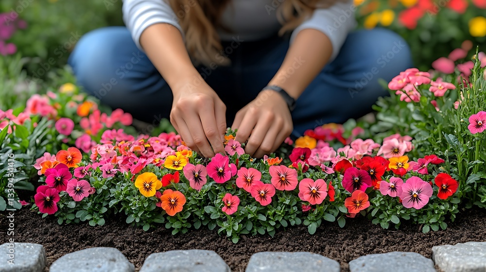Woman planting colorful pansies in garden. Woman planting colorful pansies in garden.