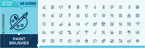 Set of Paint Brushes line icon. Contain linear symbols thin, drawing, signs, artwork design. Modern vector illustration. Brush icon collection. Editable vector. Pixel perfect.