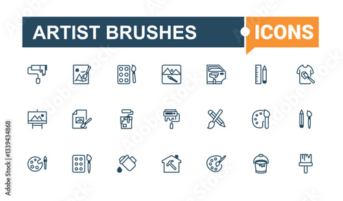 Artist Brushes modern icon set. Contain linear sign line, creative, draw, paint, tool, isolated and more. Paint Brushes line icon. Flat UI icons. Editable stroke vector art.