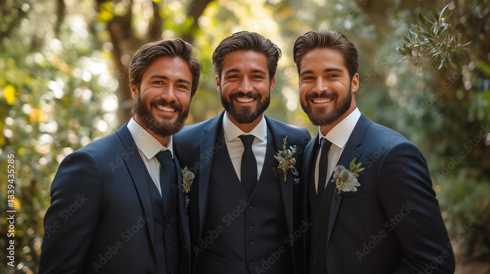 Three well-dressed men stand closely together in a vibrant garden, smiling brightly. The sunlight filters through the leaves, creating a joyful atmosphere for the occasion Three well-dressed men stand closely together in a vibrant garden, smiling brightly. The sunlight filters through the leaves, creating a joyful atmosphere for the occasion