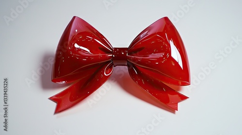 A beautiful red ribbon bow with a glossy finish, placed against a simple white background.