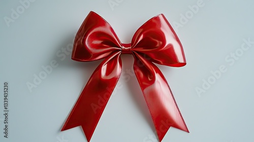 A beautiful red ribbon bow with a glossy finish, placed against a simple white background.