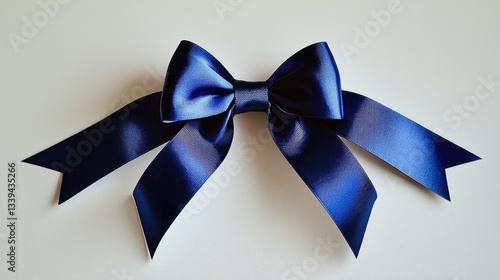 A beautifully tied blue ribbon bow with a shiny finish, standing out against a white background.