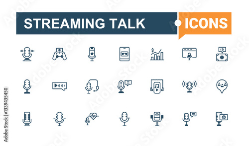 Streaming Talk modern icon set. Contains outline symbols like speak, microphone, speaker, radio, audio and more. Podcast simple icon set. Modern thin line style icons. Editable stroke vector art.