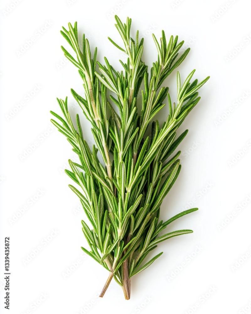 Fototapeta premium Fresh rosemary sprigs on white background showcasing vibrant green leaves and aromatic culinary herb for healthy cooking