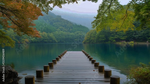 Wooden Dock Extends Onto a Calm Lake Surrounded by Green Mountains Under a Bl...