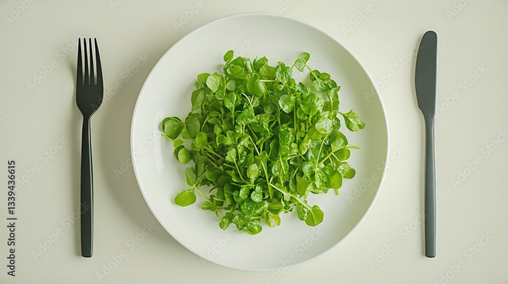 Green Microgreens on White Plate With Black Utensils for Healthy Lunch or Diet Green Microgreens on White Plate With Black Utensils for Healthy Lunch or Diet