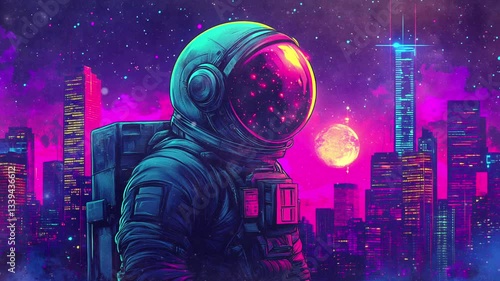 Astronaut in futuristic city with neon lights, stars, and moon, Seamless looping time lapse animation video background.