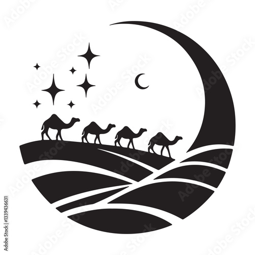 Arabian Nights: Camels and Palms in a Moonlit Scene