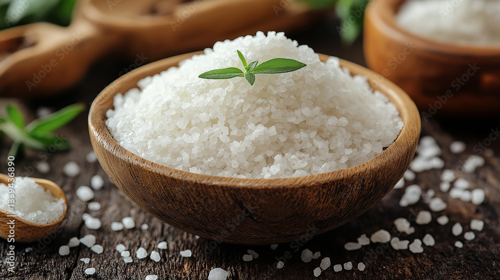 Coarse white salt is presented in a wooden bowl, surrounded by smaller grains on a rustic wooden table. Fresh herbs enhance the natural appearance, showcasing a culinary setting Coarse white salt is presented in a wooden bowl, surrounded by smaller grains on a rustic wooden table. Fresh herbs enhance the natural appearance, showcasing a culinary setting