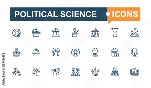 Political Science icon set. Contains related to governance, activism, government, politics, campaign and more. Political icon set. Web icons pack. Vector line and solid icons.