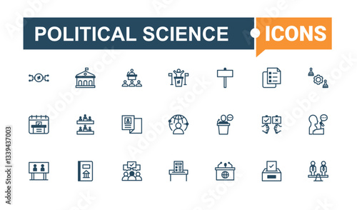 Political Science icon set. Contains related to governance, activism, government, politics, campaign and more. Political icon set. Web icons pack. Vector line and solid icons.