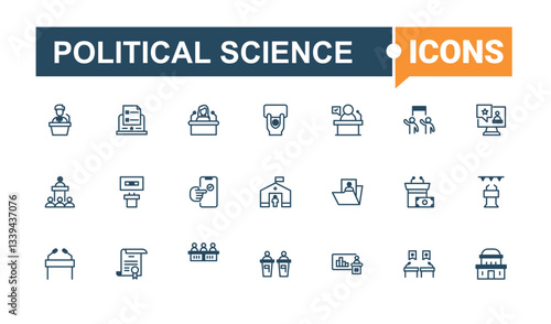 Political Science icon set. Contains related to governance, activism, government, politics, campaign and more. Political icon set. Web icons pack. Vector line and solid icons.