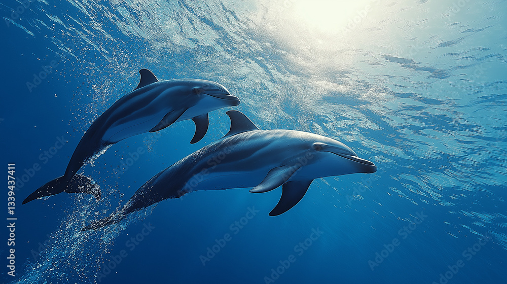 Obraz premium Two dolphins are swimming playfully together under the sun in crystal-clear blue waters, showcasing their vibrant energy and graceful movements