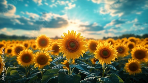 Sunflower Field Blooms Under Sunny Skies, Summer Day at Agricultural Farm Lan...