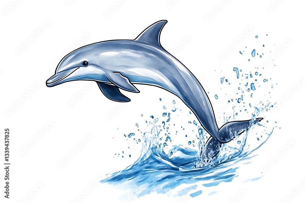 Fototapeta premium Leaping dolphin, ocean splash, white background, marine wildlife, design element