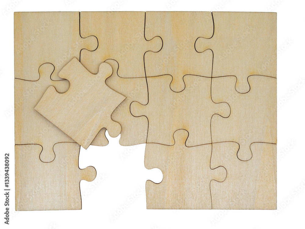 wooden jigsaw puzzle forming a rectangle; problem solving, teamwork and strategy concept